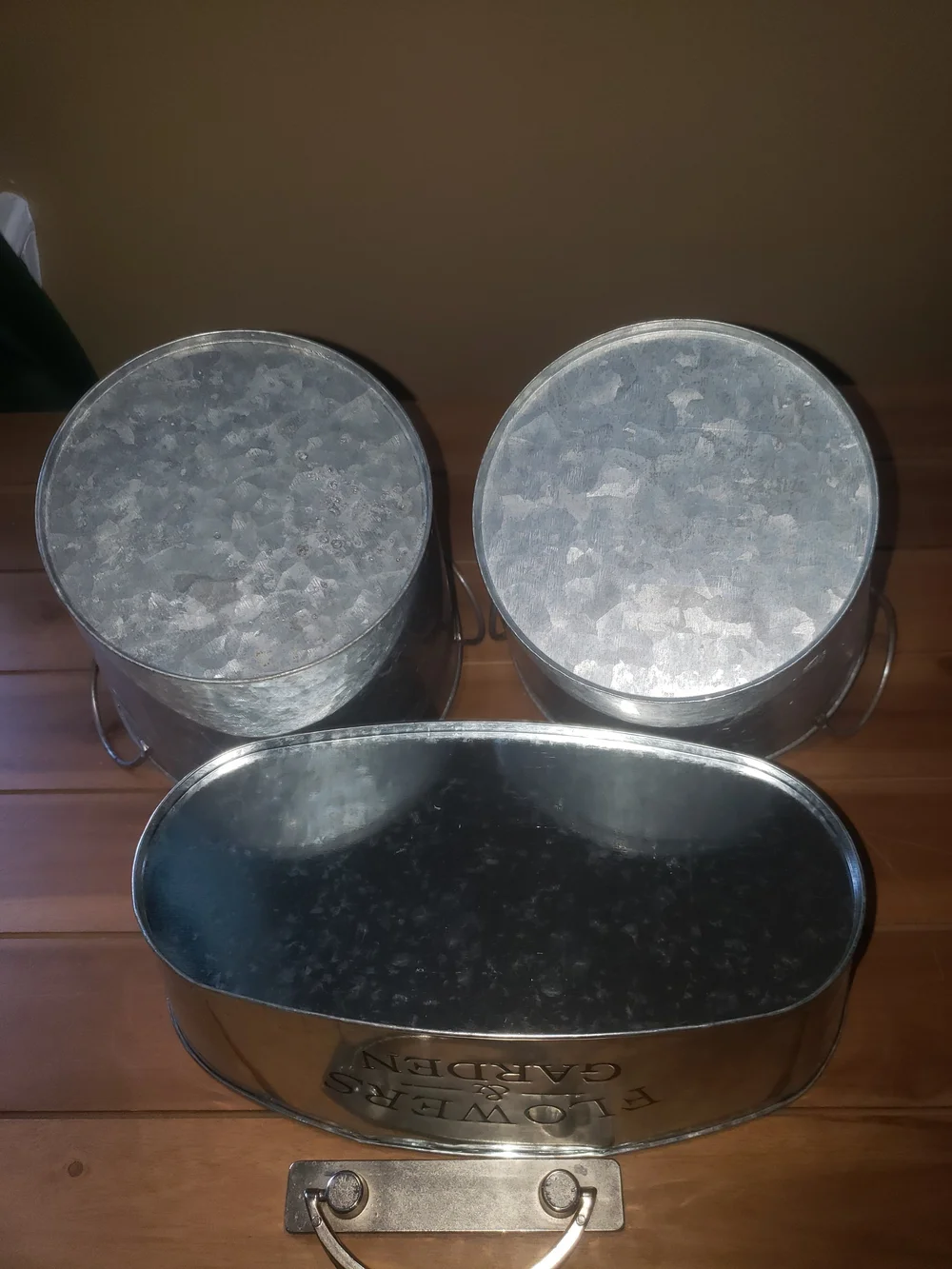 Metal Flowers & Garden With 2 Round Metal Planters - Galvanized Silver Finish